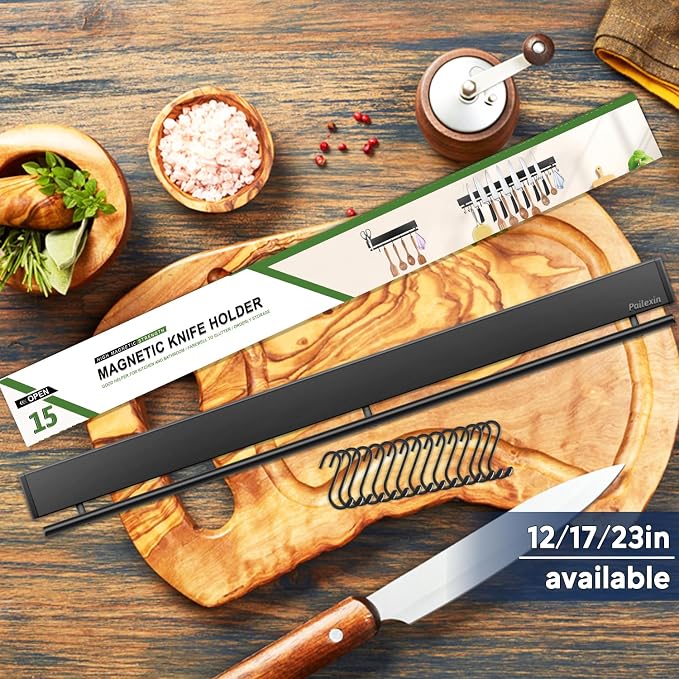 23 inch magnetic knife holder with 15 hooks, No Drilling black knife magnetic strip and utensil hanger for wall, Powerful knife magnet rack include tape and screws - Image 2