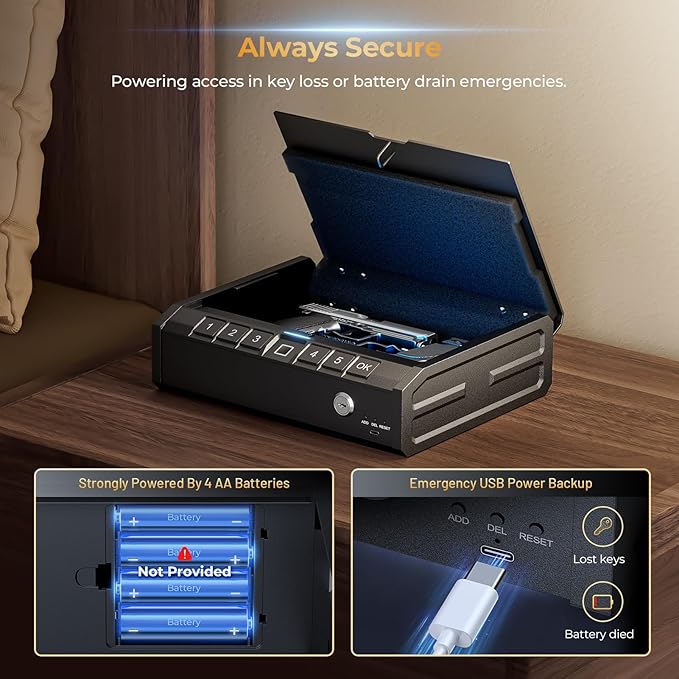 ONNAIS Iron PRO Biometric Fingerprint Gun Safe for Handgun with Keypad Lock | Emergency Power Supply and Interior Light Swift Entry Pistol Case for Home, Nightstand, Bedside, and Car, Gift - Image 6