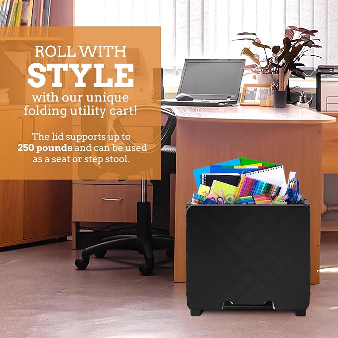 Inspired Living Collapsible Ultra-Slim Pack-N-Roll,2 Wheel Utility Cart w/Lid used as Seat up to 250 Lbs, Telescopic Handle - Super Strong, for Home, Garden, Shopping, Office, School use, Large, Black - Image 7