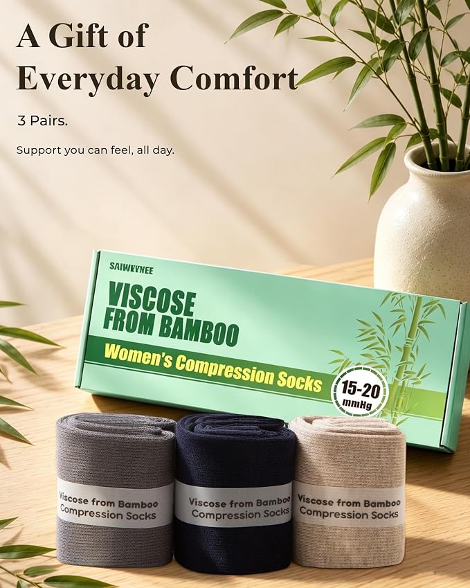 Compression Socks for Women 15-20 mmHg, Viscose from Bamboo, 3-Pair Knee High for Flying, Work & All-Day Comfort - Image 5