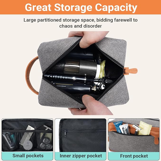 Elviros Travel Toiletry Bag for Men Hanging Dopp Kit Water Repellent PU Leather Shaving Bag with Large Capacity for Travel and Bathroom, Grey - Image 2