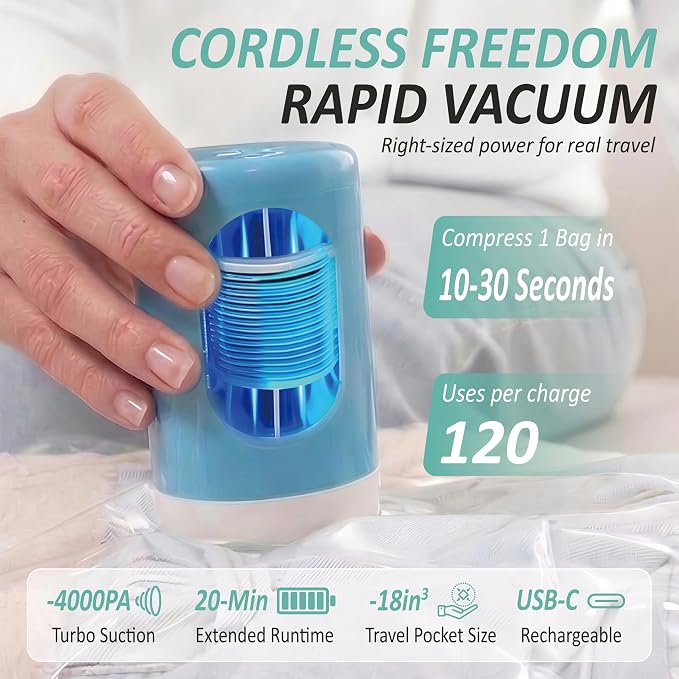 Cozy Essential Travel Vacuum Storage Bags with Rechargeable Cordless USB Pump, Space Saver Bags for Luggage, Suitcase, Carry-On, for Clothes, Blankets, Bedding & Seasonal Storage,8 Combo - Image 3