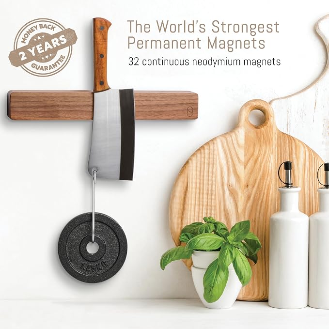 Walnut 16 inch Magnetic Knife Holder for Wall with 2x Storage & Charming Wood - Knife Magnetic Strip, Under Cabinet Magnet Knives Storage - Magnet Strip Rack Kitchen Utensil Holder Organizer Tool - Image 6