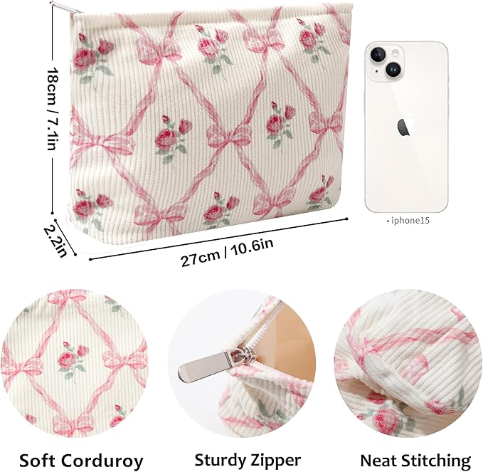 Cosmetic Bags for Women - Corduroy Cosmetic Bag Aesthetic Women Handbags Purses Smile Dots Makeup Organizer Storage Makeup Bag Girls Case Bags (Flowers-Apis) - Image 8