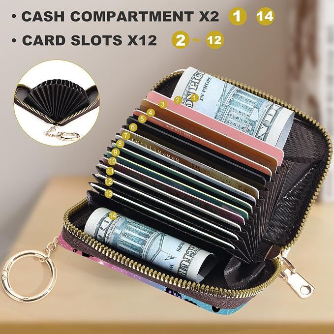 Credit Card Holder for Women,Small Rfid Wallet with Keychain Zipper,Cute PU Leather Card Case Wallet，Accordion Credit Card Wallets Gift,Colorful Butterflies - Image 3