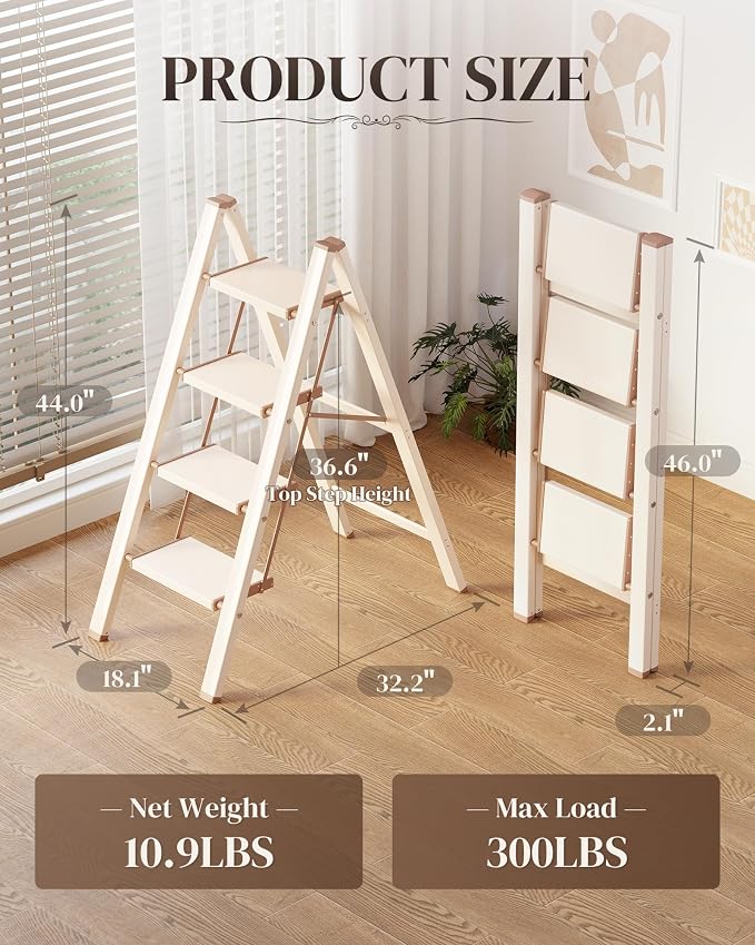 4 Step Ladder, Foldable Aluminum Step Stool with Anti-Slip Pedal | Lightweight yet Sturdy, Portable, Non Slip Feet, 300Lbs Capacity, Elegant Look, for Kitchen, Closet, Pantry, Cream Chocolate - Image 6