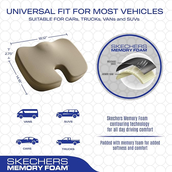 Skechers Memory Foam Seat Cushion,Office Chair Cushion for Tailbone Pain Relief,Butt Pillow for Office Chair,Car seat Cushion,Computer Desk,Long Sitting Office Workers,and Car Drivers,Beige - Image 5