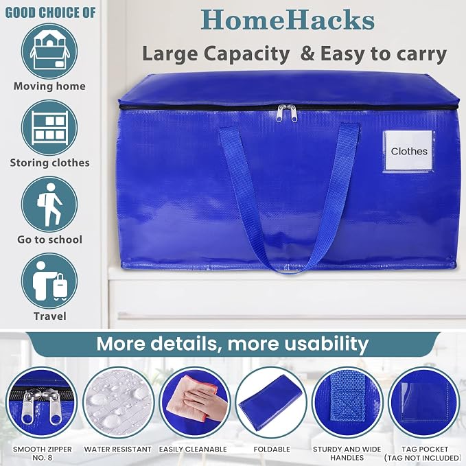 HomeHacks Moving Bags, 93L-4 Pack Heavy Duty Moving Totes | Storage Bags, Collapsible Moving Supplies, Reinforced Handles & Tag Pocket, Moving Totes with Zipper - Image 3