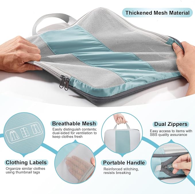 OlarHike 8 Set Compression Packing Cubes for Travel Essentials,Compressible Expandable Space Saver Bags for Organizing Clothes,Luggage Suitcase Garment Bags with Over 1000 pcs Mesh Holes(Blue Gray) - Image 7