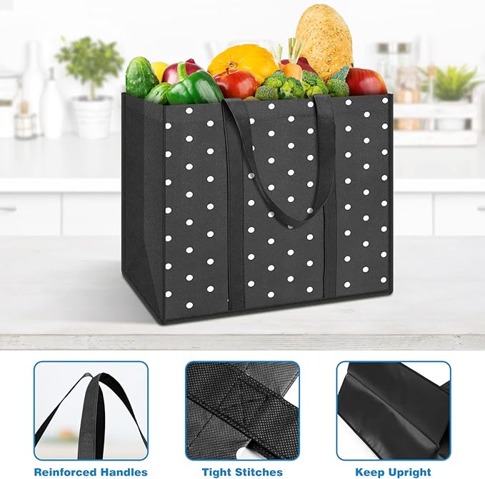 14 Pack Reusable Grocery Bags Waterproof Tote Bags for Shopping Groceries | 35L Large Capacity, Heavy-Duty, Waterproof, Lightweight, Foldable Tote with Sturdy Handles, Polka Dot Design - Image 6