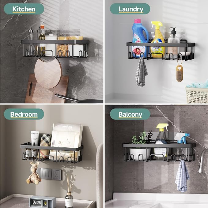 Veken Shower Caddy 6-Pack, Bathroom Organizers and Storage Shelves, Black | Advanced Rustproof Design, Large Capacity, No Drilling, Adhesive Rack with Soap Holder, Wall-Mounted Kitchen & Home Decor - Image 8