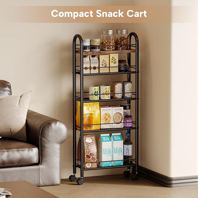 Slim Storage Cart, 5 Tier Narrow Utility Cart with Metal Frame and Wooden Top, Rolling Storage Organizer Shelving Unit for Kitchen, Dining Room, Living Room,Home Office, Vintage - Image 5