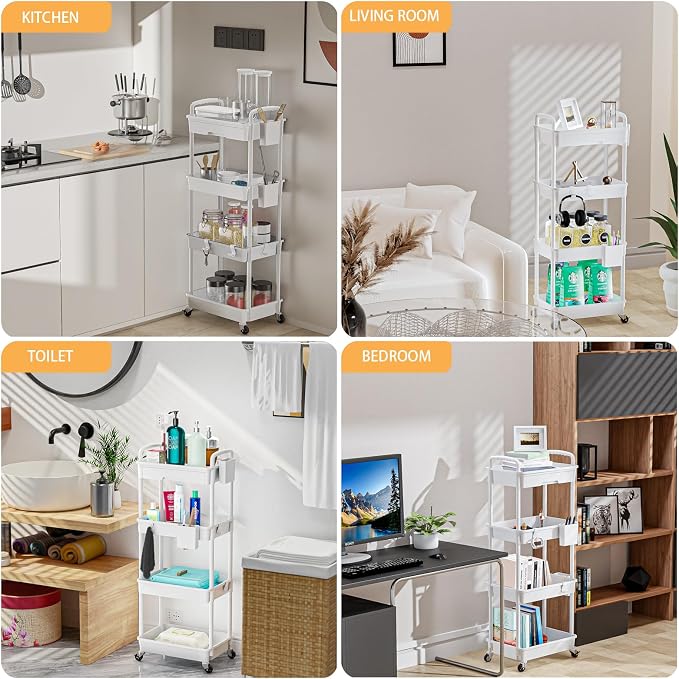 4 Tier Rolling Utility Cart with Drawer,REBECAT Utility Cart Made of Multifunctional Storage Organizer Tool for Kitchen,Bathroom,Living Room,Office(Gray) - Image 6