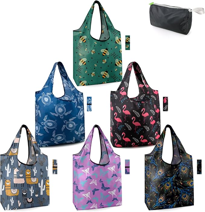 BeeGreen Animals Reusable Grocery Bags Bees Turtles Flamingo Peacock Alpaca Butterfly Lovers Gifts Shopping Bags Bulk 50LBS X-Large Foldable-Heavy Duty by BeeGreen