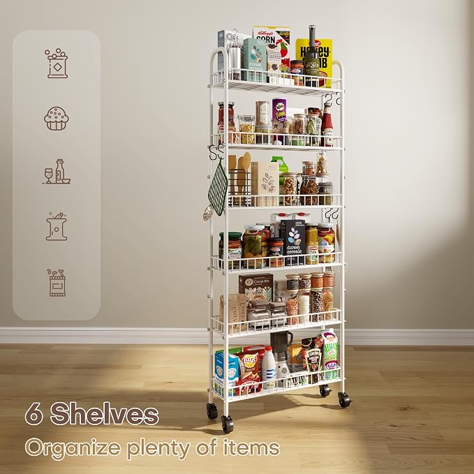 6 Tier Slim Rolling Storage Cart with Wheels, Metal Mobile Shelving Unit Organizer Utility Cart for Office Bathroom Kitchen Laundry Room Narrow Places (White 6 Inches) - Image 6