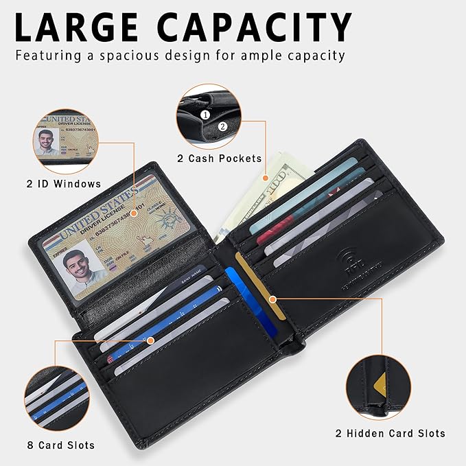 Travelambo Genuine Leather Wallet for Men with Gift Box - Handmade Bifold Stylish - Mens Wallets Rfid Blocking with 2 ID Windows - Image 5