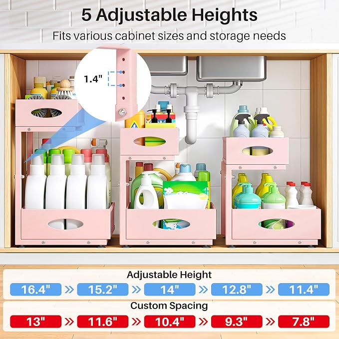 Under Sink Organizer, 2 Pack 2 Tier Pull Out Under Cabinet Organizer Shelf with Pad for Framed Cabinets, Metal Slide Out Under Sink Storage, Mesh Sliding Drawers for Kitchen Bathroom Laundry, Pink - Image 5