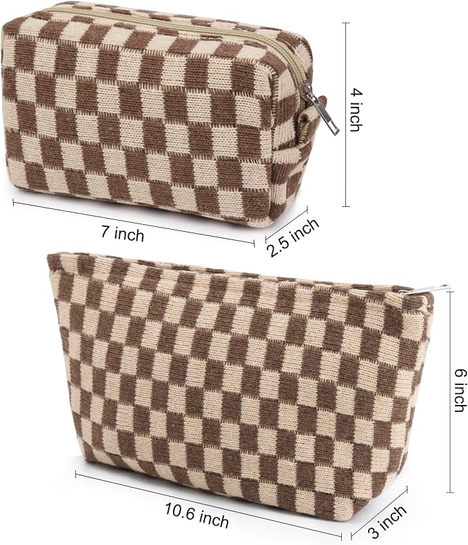 SOIDRAM 2 Pieces Makeup Bag Large Checkered Cosmetic Bag Capacity Canvas Mix Travel Toiletry Bag Organizer Cute Makeup Brushes Aesthetic Accessories Storage Bag for Women, Checkered Mix Brown - Image 3