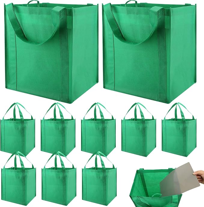 NERUB Set of 10 Reusable Grocery Bags Heavy Duty Shopping Bags Large Grocery Totes with Reinforced Bottom Super Sturdy Handles, Green by NERUB