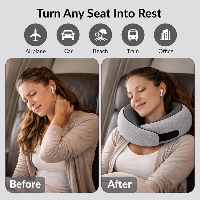 Travel Neck Pillow,Ergonomic 360° Memory Foam Support for Head, Neck. Adjustable for Long Flights. Soft &Washable Cover, EVA Box, 3D Eye Mask, Earplugs, Hair Tie & Luxury Bag (Grey) - Image 4