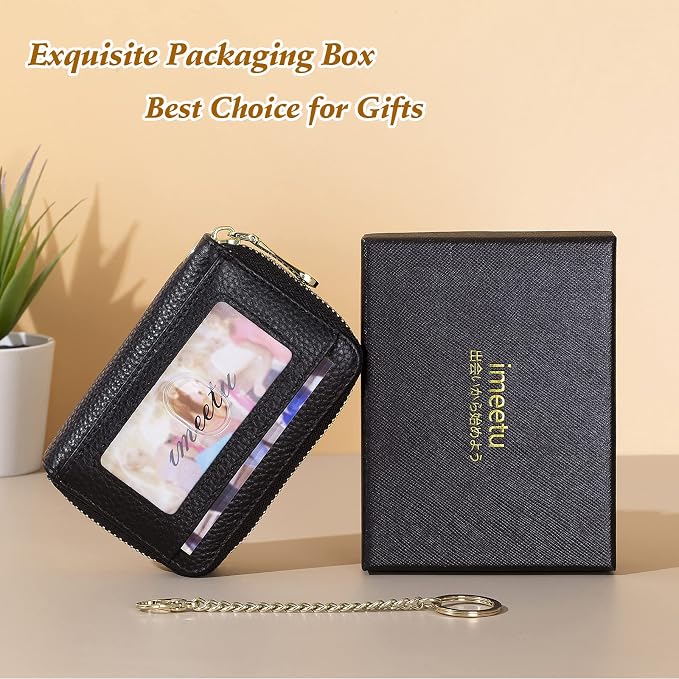 imeetu RFID Credit Card Holder, Small Card Wallet Women, Leather Card Case | Genuine Leather Women's Card & id Cases, Change Coin Purse with Zipper Keychain id Window, 20 Colors & 3 Styles, Daily, Gifts - Image 8
