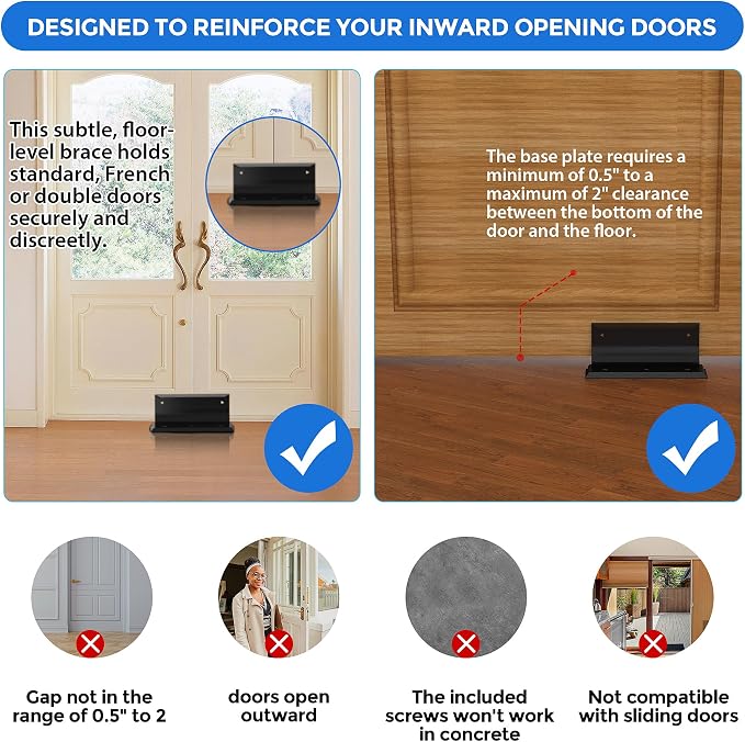 Lock Door Brace,Double Safety Protection French Security Door Brace,Residential Door Lock Barricade,Black-Door Barricade Security Lock Door Brace Fits Blemished Door, Standard Doors, French Doors - Image 5