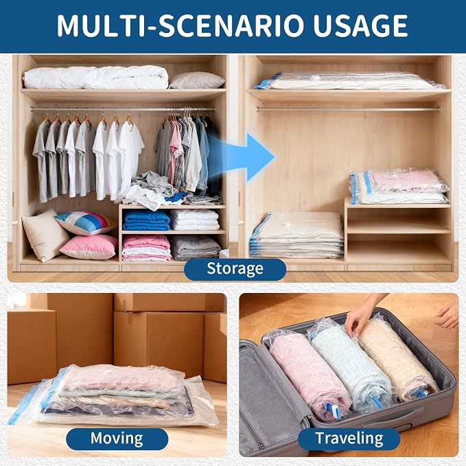 Vacuum Storage Bags for Travel with Electric Pump, 8 Pack | Vacuum Seal Bags for Clothes and Travel, Vacuum Bags For Storage saving 80% space, Reusable Compression Solution - Image 4
