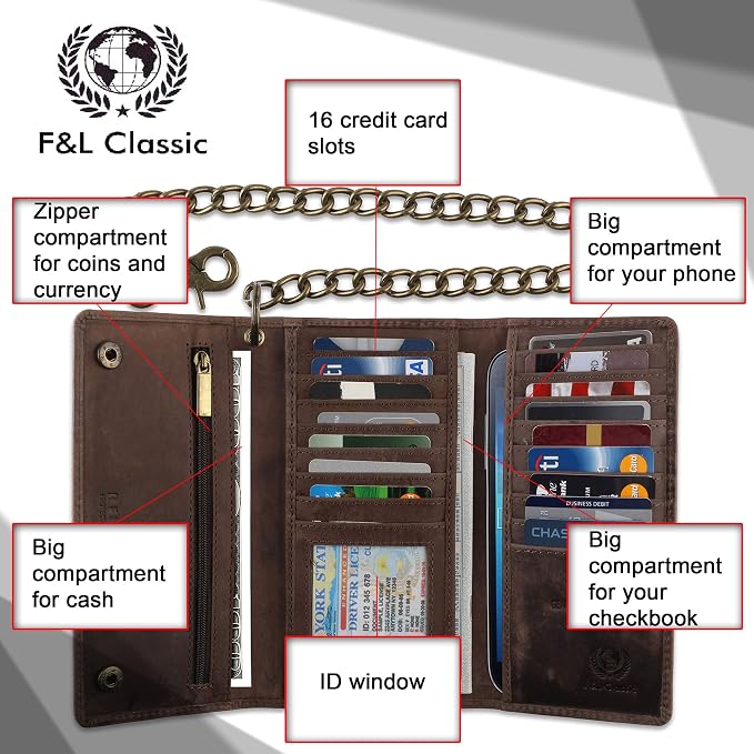 F&L CLASSIC RFID Blocking Mens Tri-fold Long Style Cowhide Leather Steel Chain Wallet,Antique dark brown - Image 3