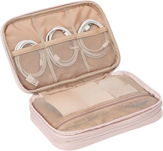 NISHEL Electronics Travel Organizer Cord Case, Charger Cable Tech Bag | Double-layer bag keeps chargers, cables, flash drive, and small tech essentials organized for trip, Large, Pink - Image 5