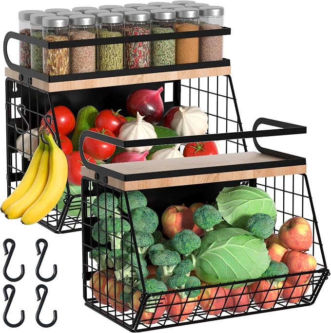 Magnetic Spice Rack for Refrigerator, Fruit, Potato & Onion Storage Bin,Large Capacity Magnetic Shelves for Side of Refrigerator, Kitchen Organizers and Storage Countertop,2 Pack Black by Unknown