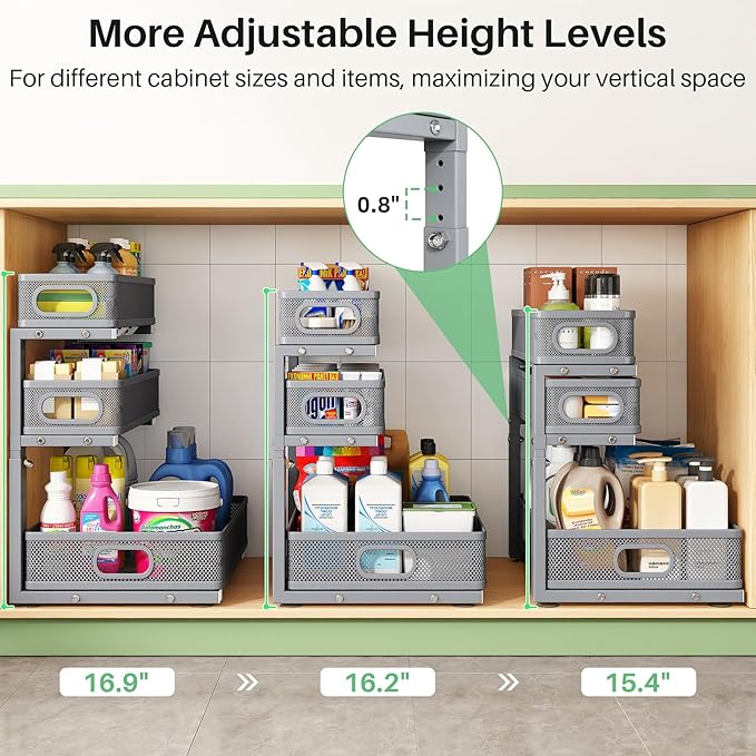 Kitstorack Under Sink Organizer, 2-Pack 3-Tier Height Adjustable Thickened Metal Pull out Cabinet Organizer Shelf, Slide out Storage Drawer Rack for Bathroom Kitchen Pantry Home Organization, Grey - Image 8