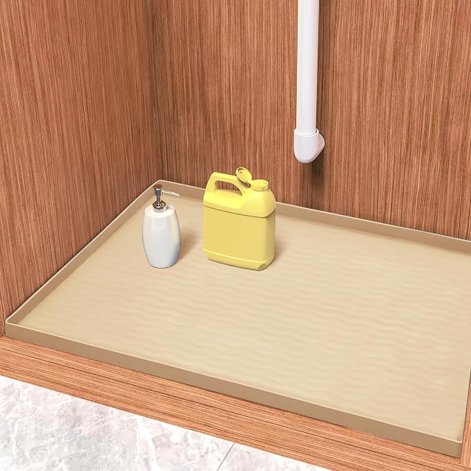 URMONA Waterproof Silicone Under Sink Mat 31'' x 22'' Shelf Liner for Kitchen and Bathroom, Cabinet and Counter Protector, Storage and Organizers, Litter Mat, Pet Cat Puppy Essentials(Khaki) by URMONA