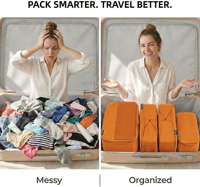 4 Piece Compression Packing Cubes for 3–7 Day Travel, Space Saving Travel Organizers with Breathable Mesh, Double-Zipper Packing Cubes for Carry-On & Suitcases (Orange) - Image 4