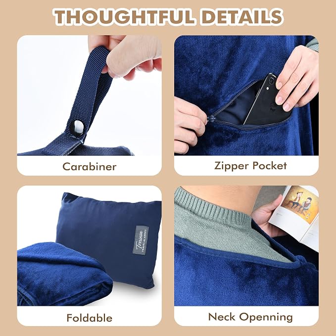 Tirrinia Travel Blanket Airplane Office Poncho 4 in 1 Premium Cozy Fleece Portable Poncho Blankets with Built-in Bag, Pocket - Image 6