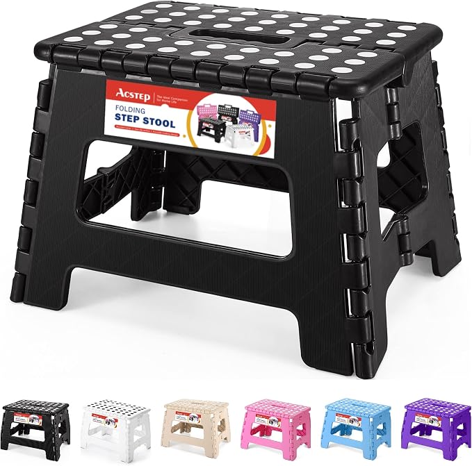 Folding Step Stool 9 Inch, Non-Slip Foldable Stools for Kids, Black | Heavy Duty Collapsible Foot Stool, Lightweight, Holds 300 lb for Toddler/Adults Kitchen Bathroom Bedroom Outdoor, with Handle by ACSTEP