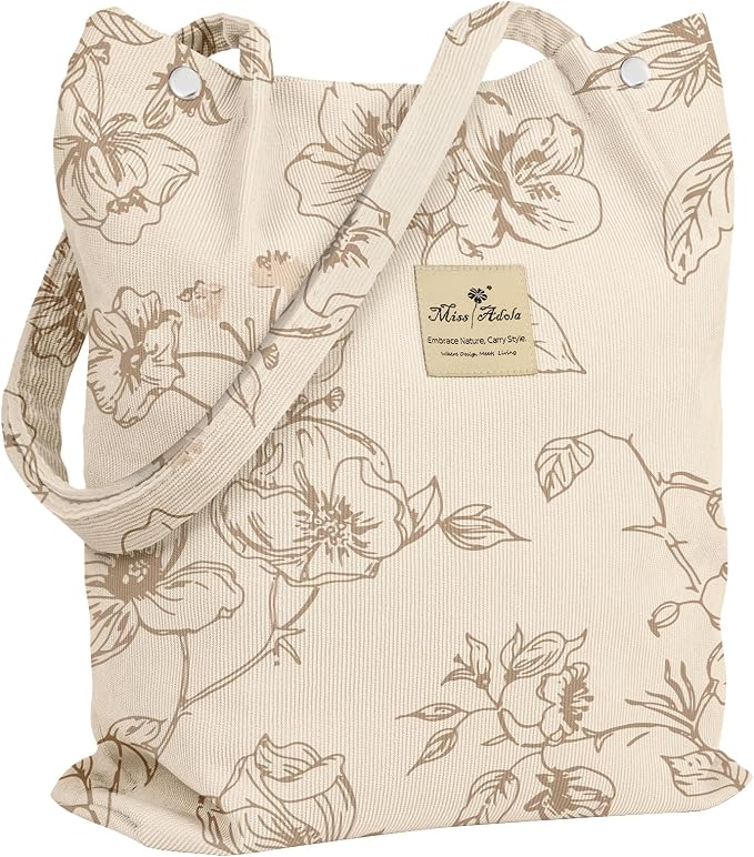 Miss Adola Corduroy Tote Bag for Women with Aesthetic Design | Magnetic Buckle & Pocket, Reusable, Soft, Roomy, Long Shoulder Handles, Double-sided Print, Casual Daily Work, Grocery Bags by MissAdola