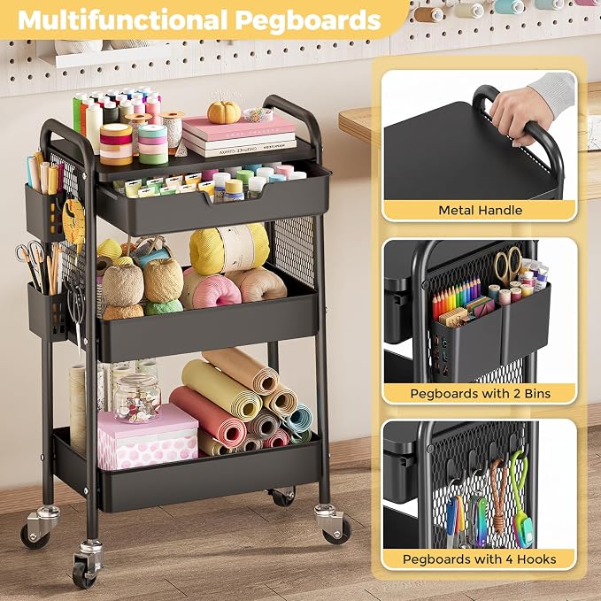 KINGBOARD 3 Tier Metal Rolling Cart with Drawer, Black Utility Storage Cart | 2 Cups & 4 Hooks, Lockable Wheels, Trolley Organizer for Bathroom, Kitchen, Office, Nursery, Dorm, Laundry, Craft Room - Image 4