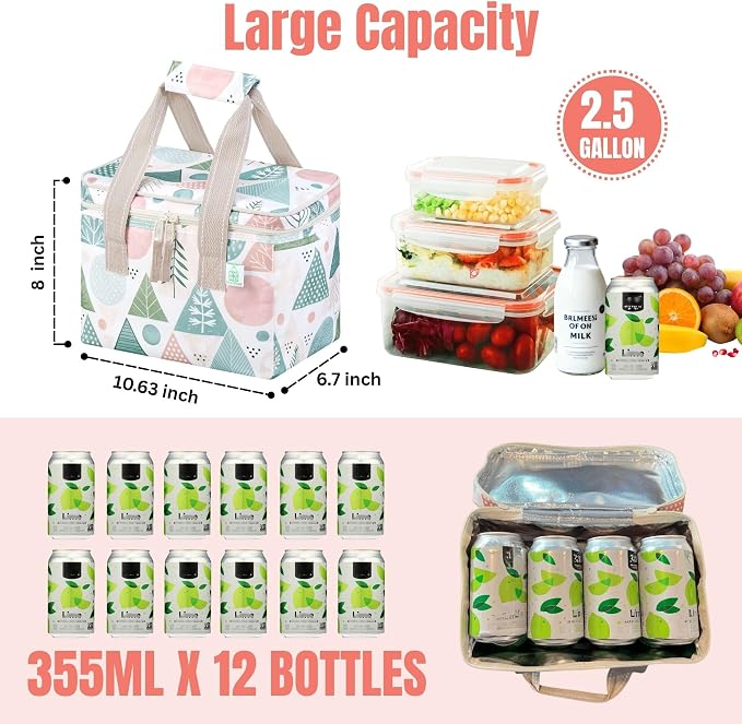 VENO 2 Pack Small Cooler Insulated Lunch Bag Reusable Grocery Shopping Bag | Collapsible Lunch Box Tote for Women Men w/ Handles, Dual Zippers, 9L Capacity for Work Office Picnic Beach (Pastel Forest) - Image 2