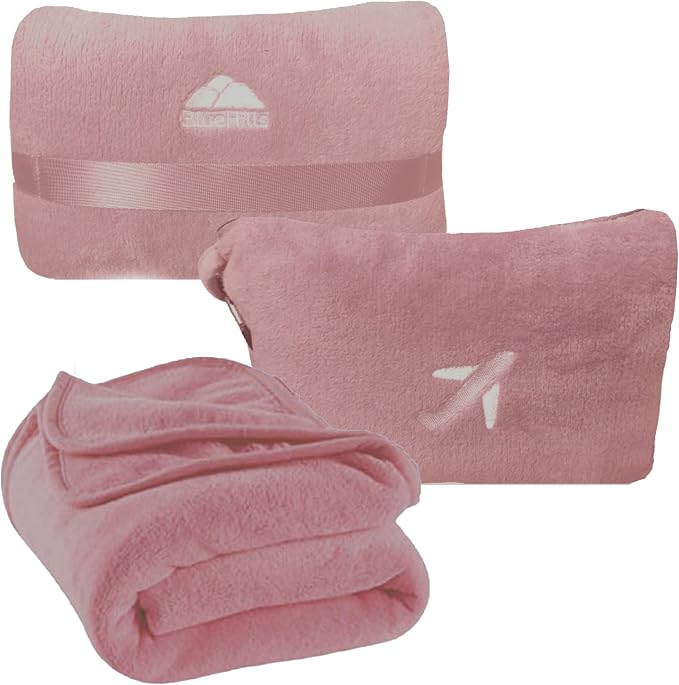 BlueHills Premium Soft Plush Mini Travel Blanket Pillow Car Dusty Rose Pink | Compact Airplane Blanket, Portable Pillowcase, Long Flights, 2 in 1 Plane Essentials, Luggage Strap & Carabiner, Lightweight by BlueHills