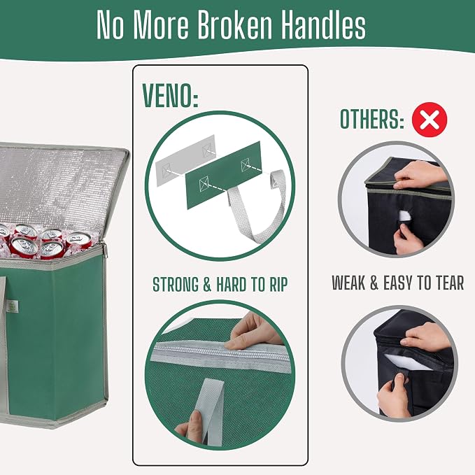 VENO 3 Pack Cooler Bag Insulated Grocery Bags for Food Delivery Heavy Duty | Large Collapsible Cooler, Reusable Shopping Tote with Zippers, Foldable, Stands Upright, for Picnic Camping (Green, 3 Pack) - Image 7