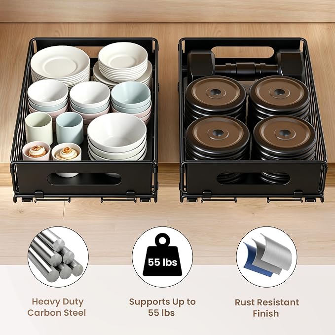 4 Pack Pull Out Cabinet Organizer, Heavy Duty Slide Out Drawer with No Drill Adhesive or Screw Mount, Carbon Steel Roll Out Shelf for Kitchen Cabinet, Pantry & Bathroom Storage - Image 5