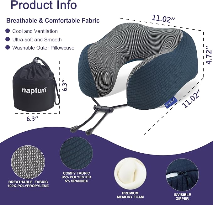 napfun Neck Pillow for Travel, Memory Foam Airplane Pillow, Deep Blue | 360° Neck Support, Upgraded 100% Memory Foam for Airplane, Car, Train, Bus, Office Sleep, Travel Essentials for Long Flights - Image 2
