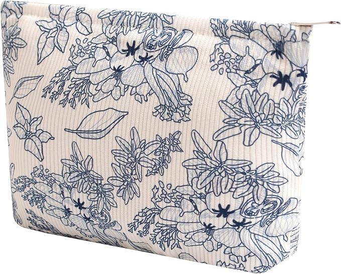Cosmetic Bags for Women - Corduroy Cosmetic Bag Aesthetic Women Handbags Purses Smile Dots Makeup Organizer Storage Makeup Bag Girls Case Bags (Flowers-Navy blue) by Gardsell