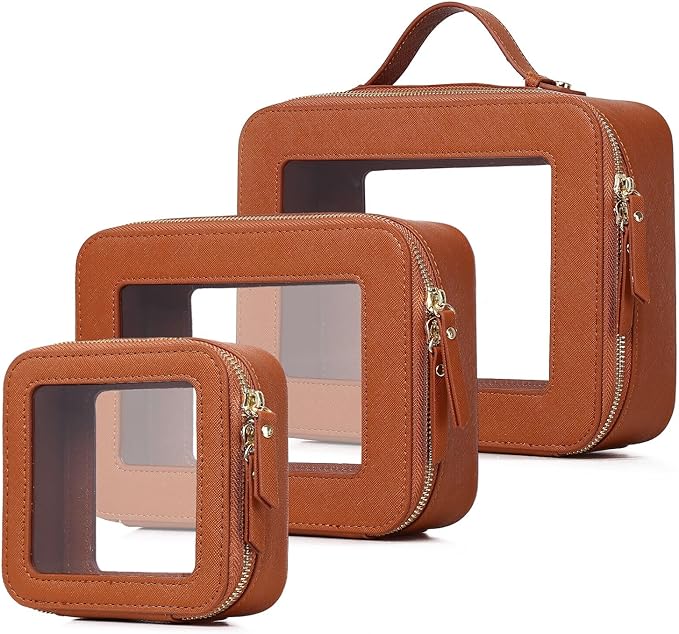 Pinkmik Clear Makeup Bag, (Brown, L+M+MINI) | Waterproof, Travel Case for Cosmetics and Toiletries, Women's Purse Organizer, Clear Car Bag with Zipper by Pinkmik