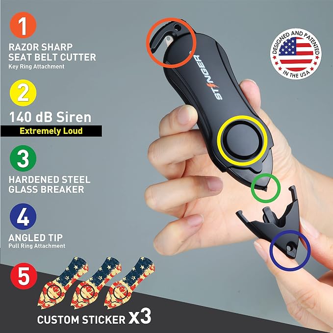 StingerUSA 140dBSiren Personal Safety Alarm Keychain Emergency Tool USAFlag | Panic Alarm Siren, Seatbelt Cutter, Car Window Breaker, Safety Device for Women Kid - Image 3