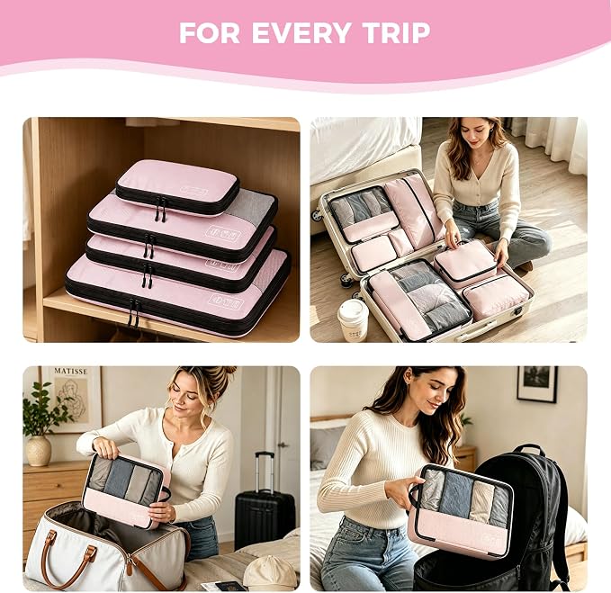 Compression Packing Cubes for Carry On Travel, 8-Piece Luggage Organizers | Women Stylish Packing Cubes for Carry-On & Suitcase , Perfect for Vacation Cruise, Weekend Getaways - Light Pink - Image 7