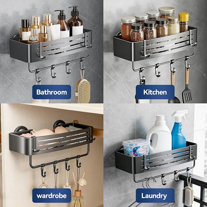 Rectangle Shower Caddy Suction Cup, Gray (3 Pack) | Rustproof aluminum shelf with towel bar & hooks. No-drill suction mount. Removable bathroom storage - Image 5