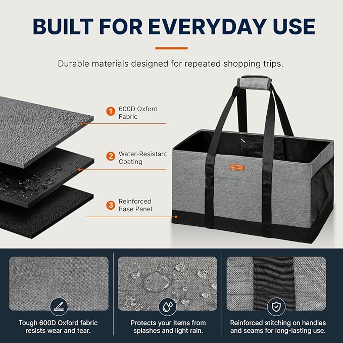 WONDAY Grey Foldable Utility Tote Bag, Reusable Grocery Bag | 22x11x13in, holds 50lbs, 600D Oxford fabric with PP board bottom, folds flat, side panels only, not self-standing - Image 5