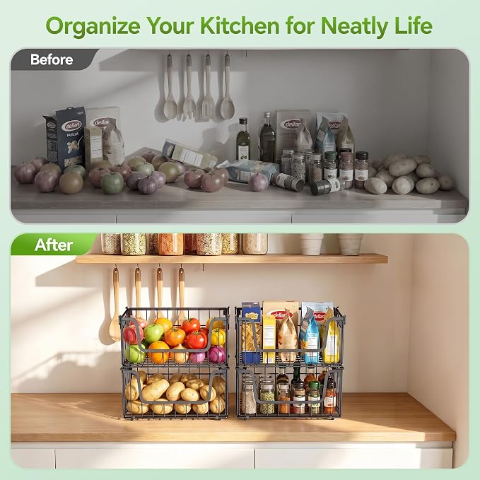 4 Pack Foldable Wire Basket for Pantry Organizers and Storage | Stackable Vegetable Fruit Basket for Kitchen Counter, Black Potato and Onion Storage Bins - Image 5
