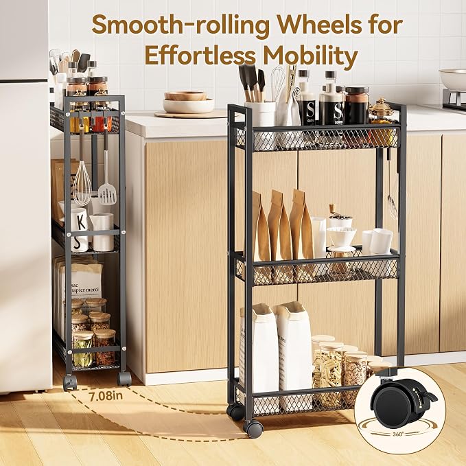 Slim Rolling Storage Cart, Metal 3 Tier Bathroom Storage Organizer Laundry Room Utility Cart for Kitchen, Bthroom, Makeup, Craft, Laundry Narrow Places, Black - Image 5